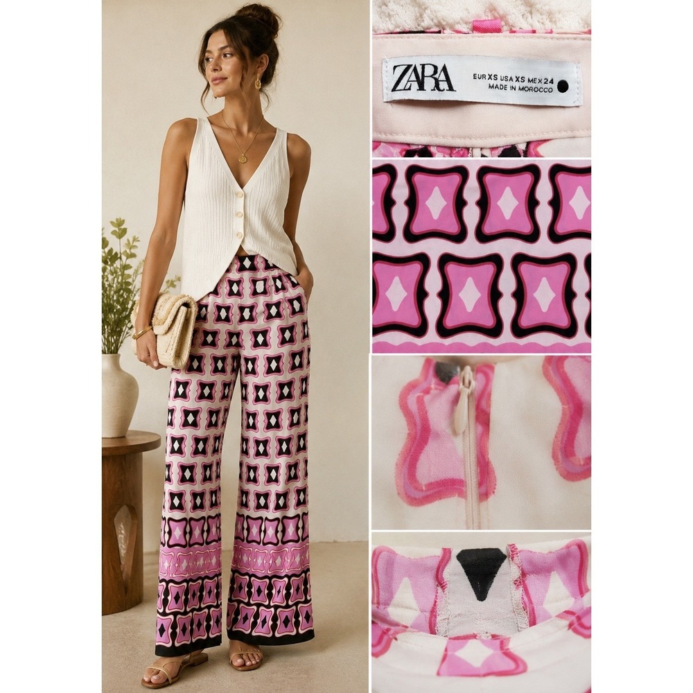 Zara Geometric Print Wide Leg Pants Women XS Pink Black High Waisted Retro Mod
